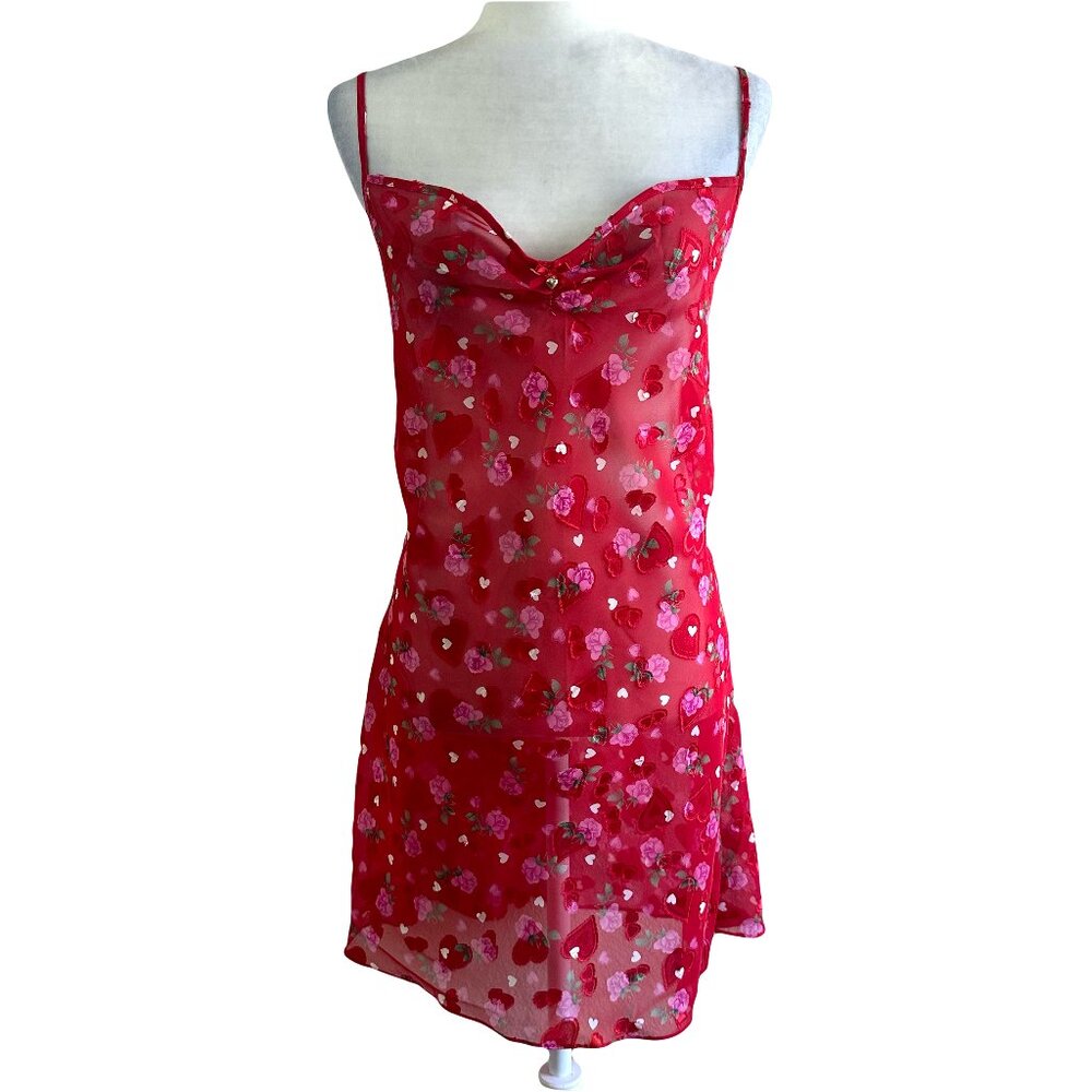 California Dynasty Vtg 80s Red Hearts Roses Sheer Lingerie Slip Dress